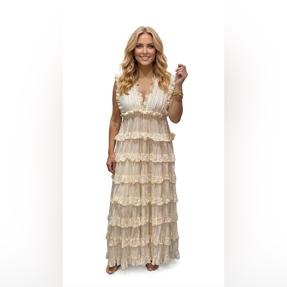 Women's Cream Ruffled Tiered V-Neck Dress new